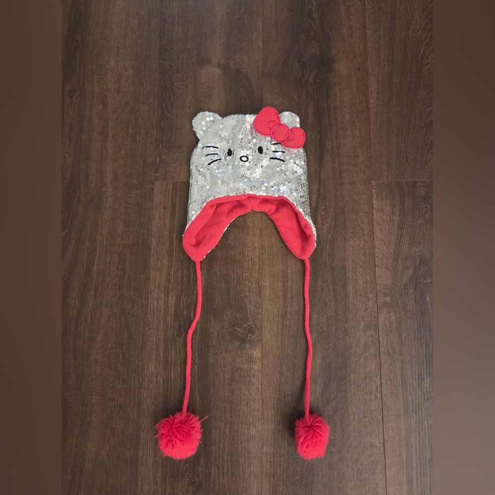 Hello Kitty Silver Sequin & Pink Bow Pom Pom Earflap Hat